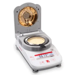 analizador de humedad OHAUS MB32 con fuente halógena visible y plato de acero inoxidable