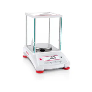 balanza de precisión OHAUS Pioneer™ con muestra de material y pantalla LCD para medición precisa