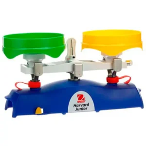 Balanza Harvard Junior con platos de colores verde y amarillo con funnel