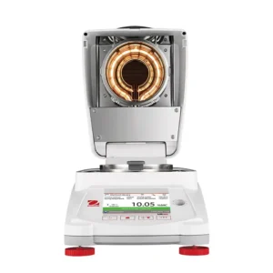 analizador de humedad OHAUS MB32 con fuente halógena visible y plato de acero inoxidable